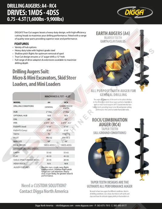 digga a4 and rc4 auger specification sheet